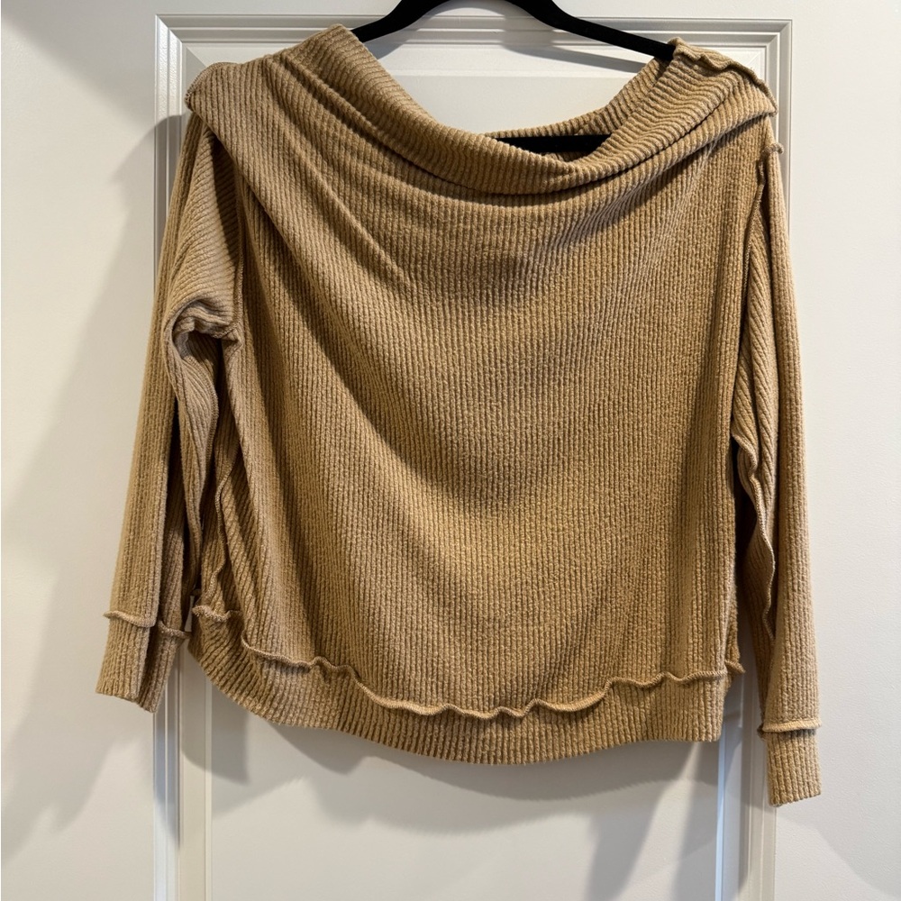 Soft Ribbed Off The Shoulder Sweater in Camel